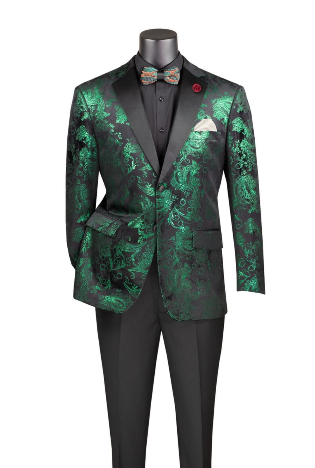 Oxford Emerald Floral Jacquard Tuxedo – Black Satin Lapel