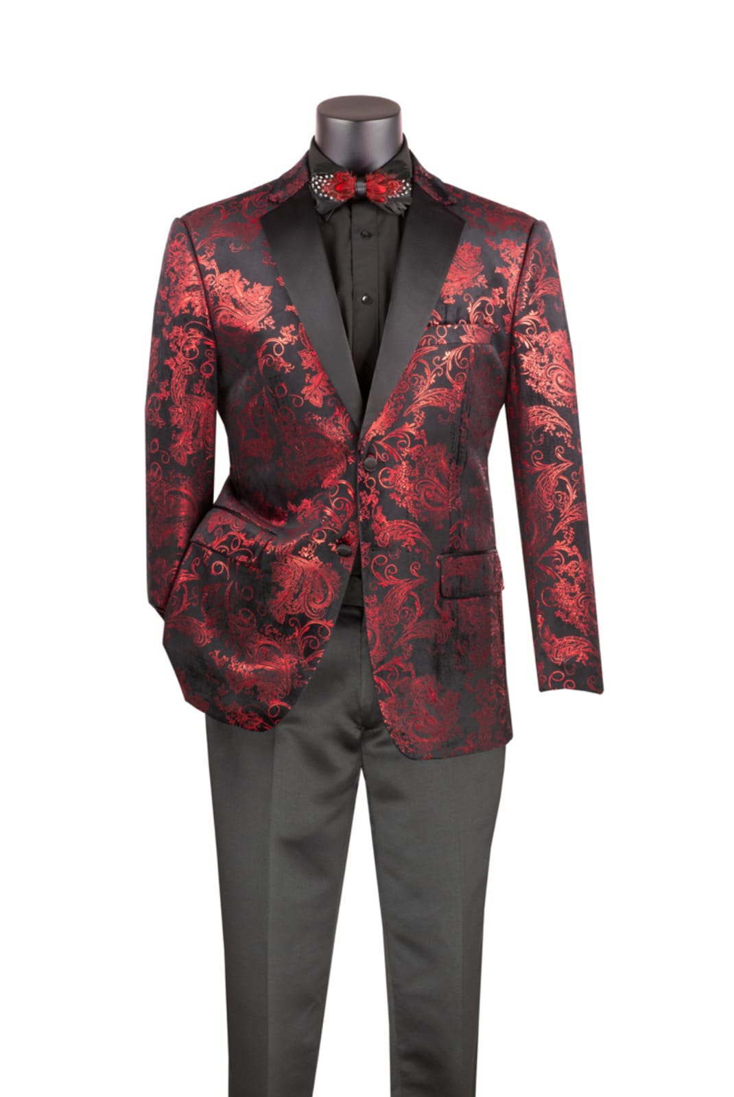 Oxford Black & Red Jacquard Tuxedo – Satin Lapel Luxury Fit