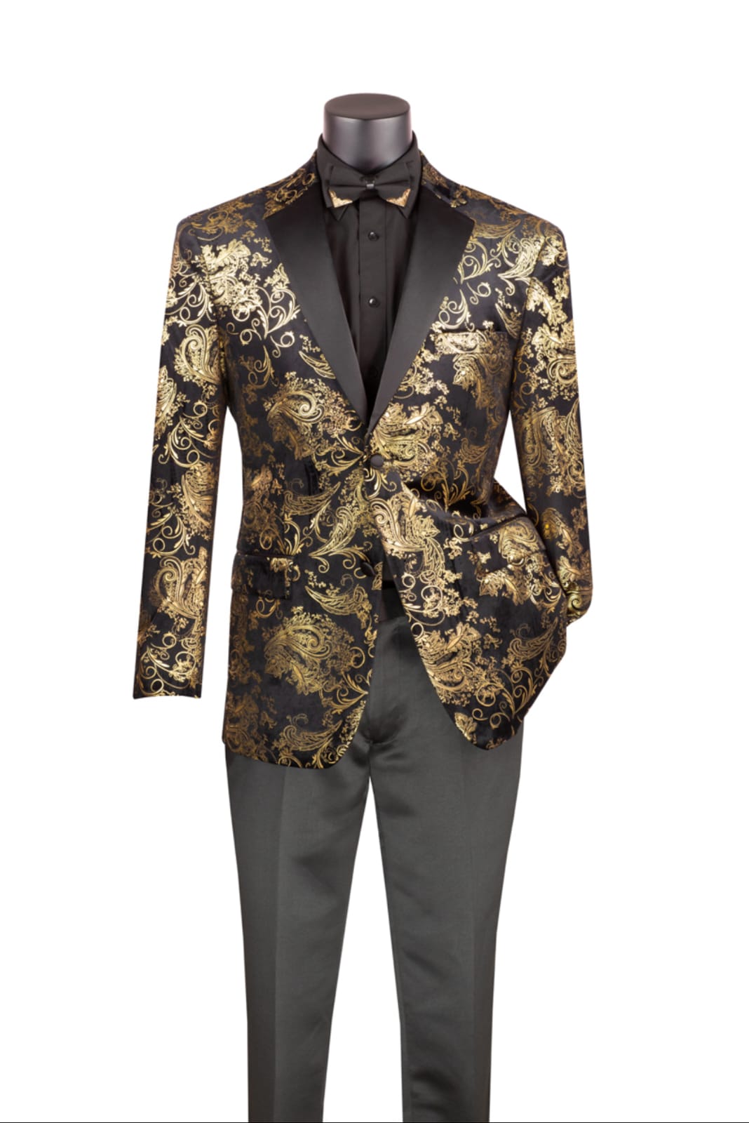 Oxford Black & Gold Jacquard Tuxedo – Satin Lapel Prestige Fit